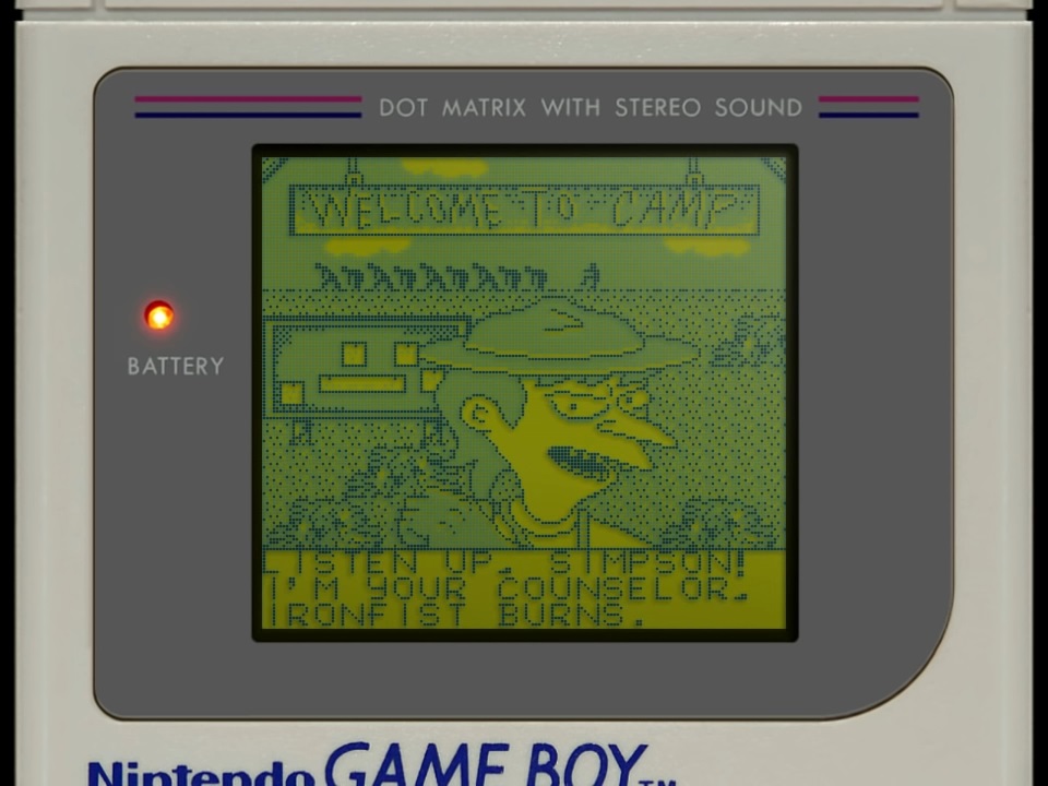 close up of gameboy screen showing Bart Simpson's Escape from Camp Deadly