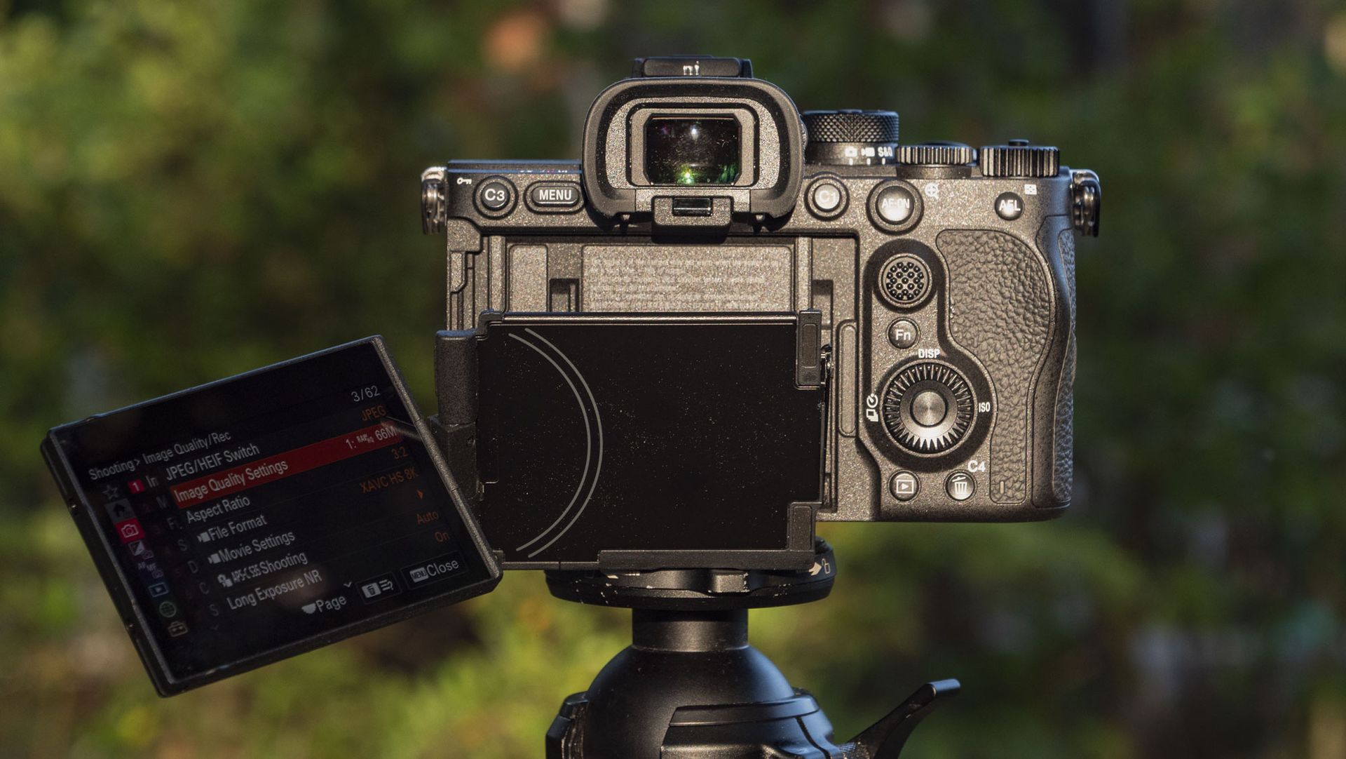 Rear of the Sony A7R VI camera, it's mounted to a tripod outdoors and the screen is pulled out to the side, there's a natural background