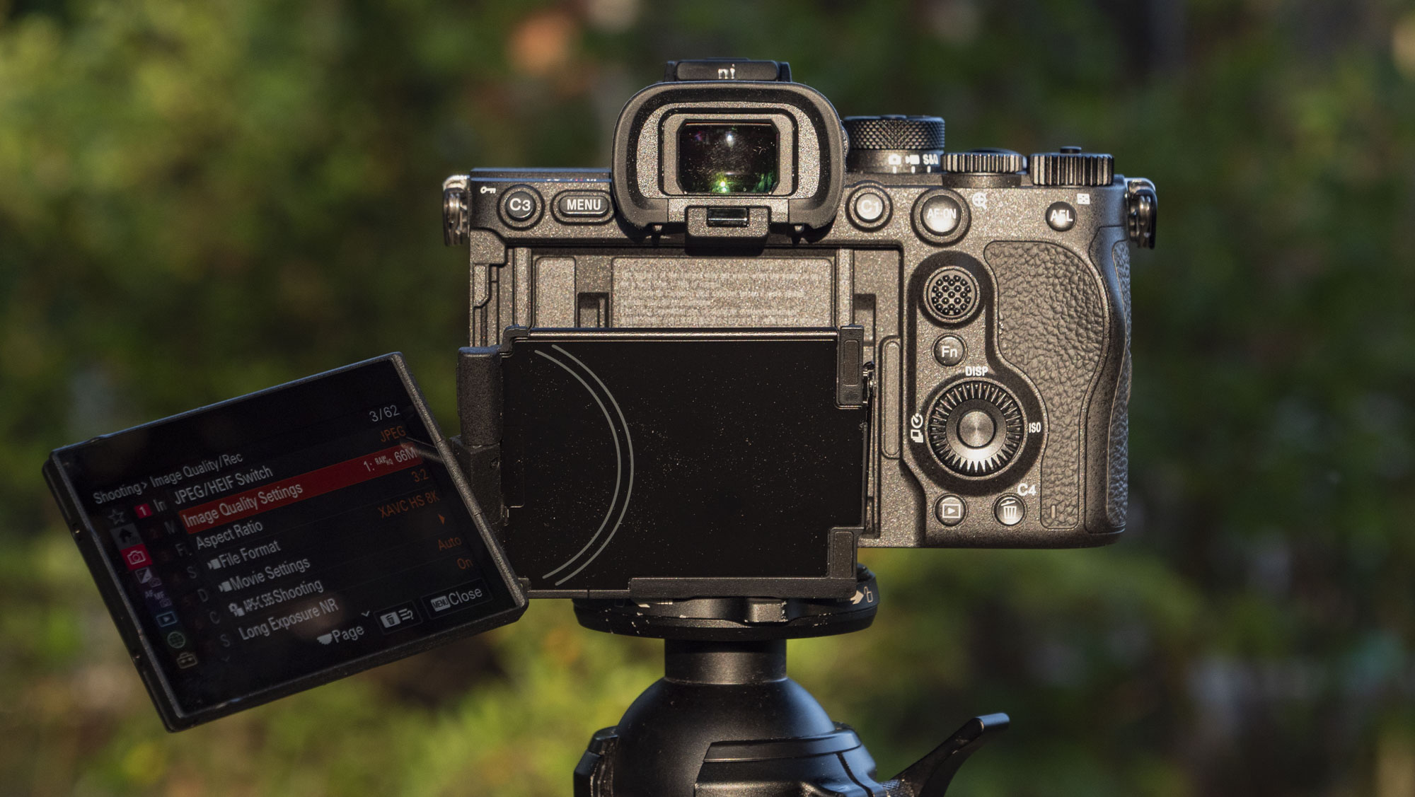 Rear of the Sony A7R VI camera, it's mounted to a tripod outdoors and the screen is pulled out to the side, there's a natural background