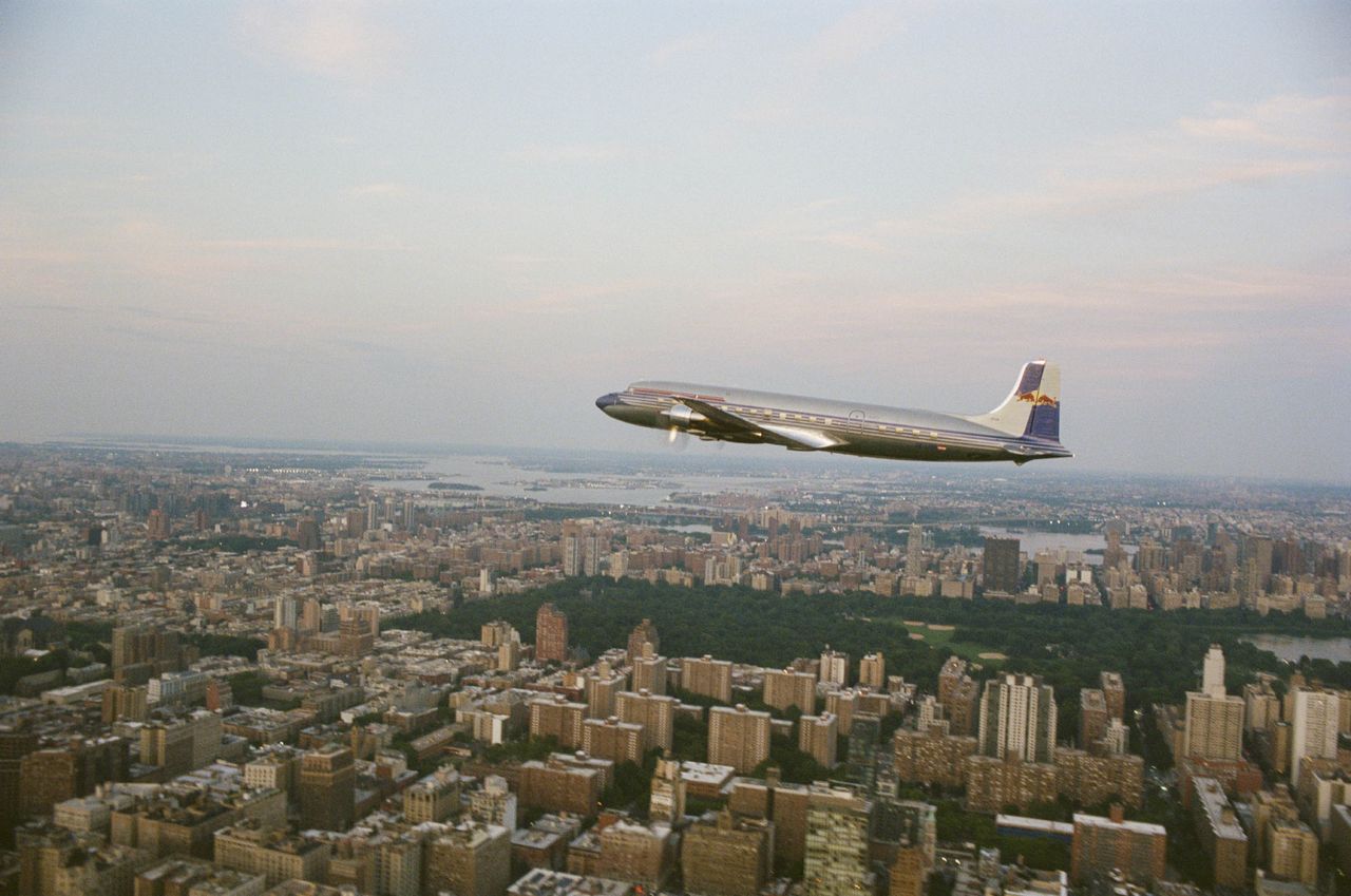 Photos from the Red Bull Flying Bulls Douglas DC-6B flight shot using vintage cameras