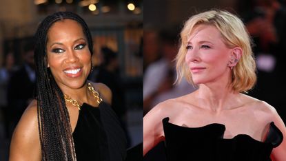 Regina King looking off to the side, wearing a black halter dress next to an image of Cate blanchett also looking off to the side in a black evening gown