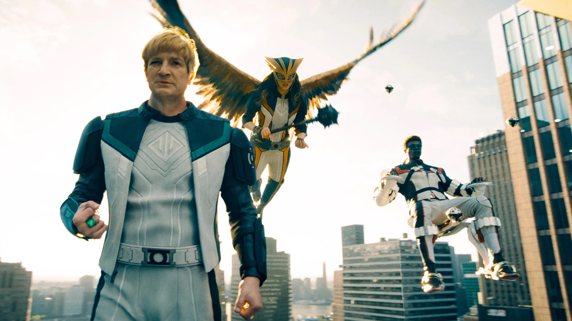 Guy Gardner, Hawkgirl, and Mister Miracle as the Justice Gang in Superman