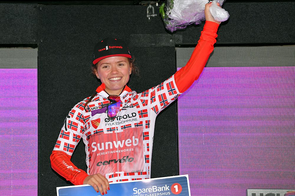 Susanne Andersen (Sunweb) in the Norwegian rider jersey at Ladies Tour of Norway