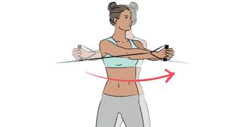 Vector woman performing a resistance band standing ab twist