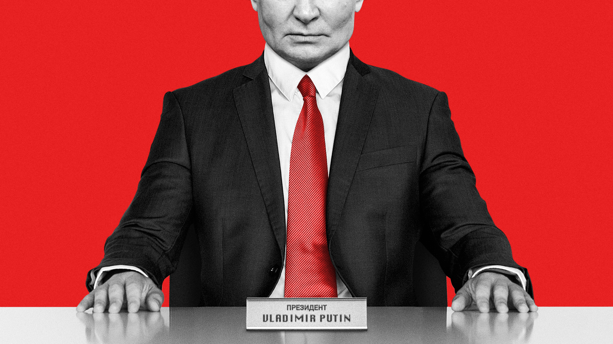 Illustration of Vladimir Putin sitting at a negotiating table