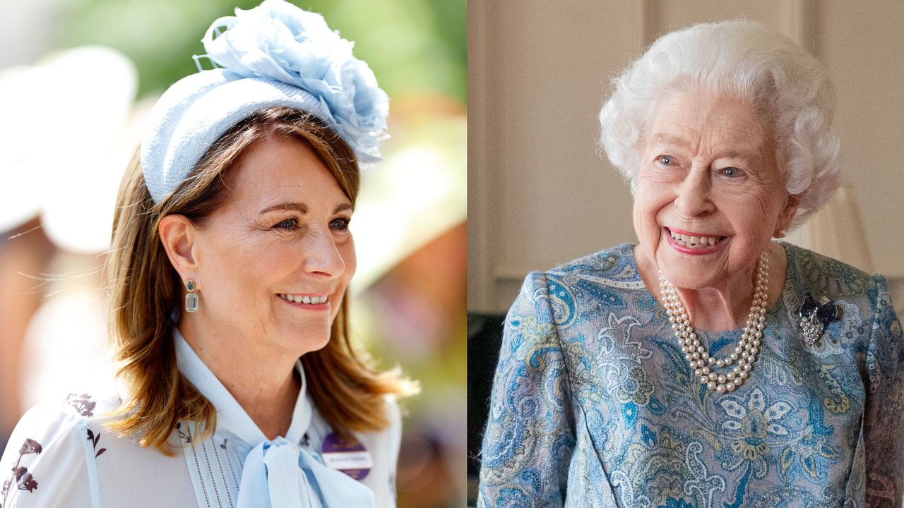 A picture of Carole Middleton wearing a blue dress with a tie neck and a blue headband with a large flower smiling and looking to the right next to a photograph of Queen Elizabeth wearing a blue paisley dress with a pearl necklace smiling and looking to the left