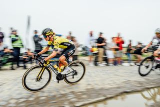 The peloton at Paris-Roubaix Femmes 2024