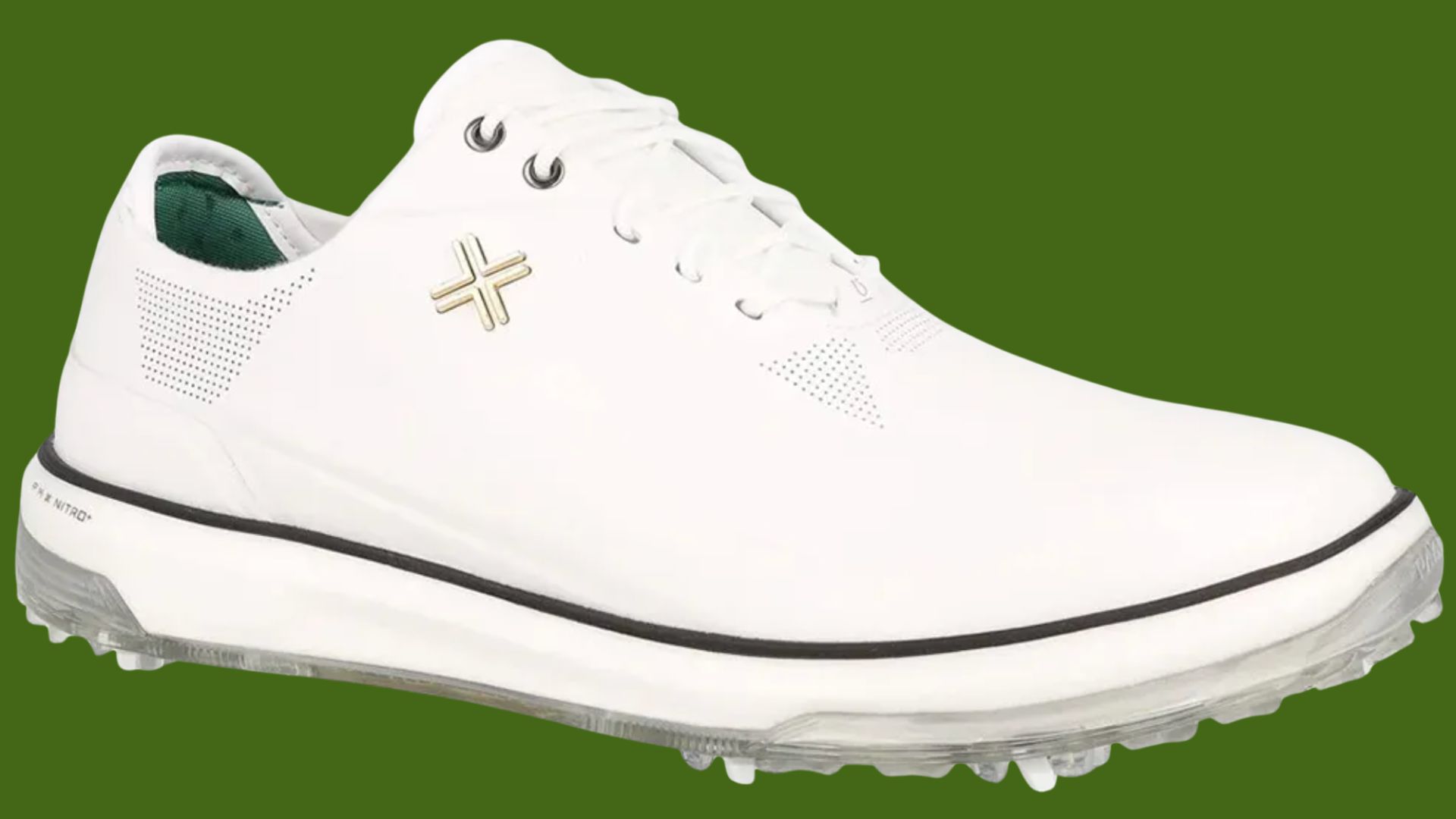 A white Payntr shoe on a green background