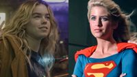 Milly Alcock as Supergirl in the titular 2026 release, Helen Slater in full Supergirl costume during her starring role in the 1984 original. 