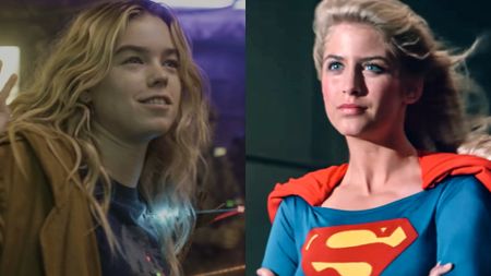 Milly Alcock as Supergirl in the titular 2026 release, Helen Slater in full Supergirl costume during her starring role in the 1984 original. 