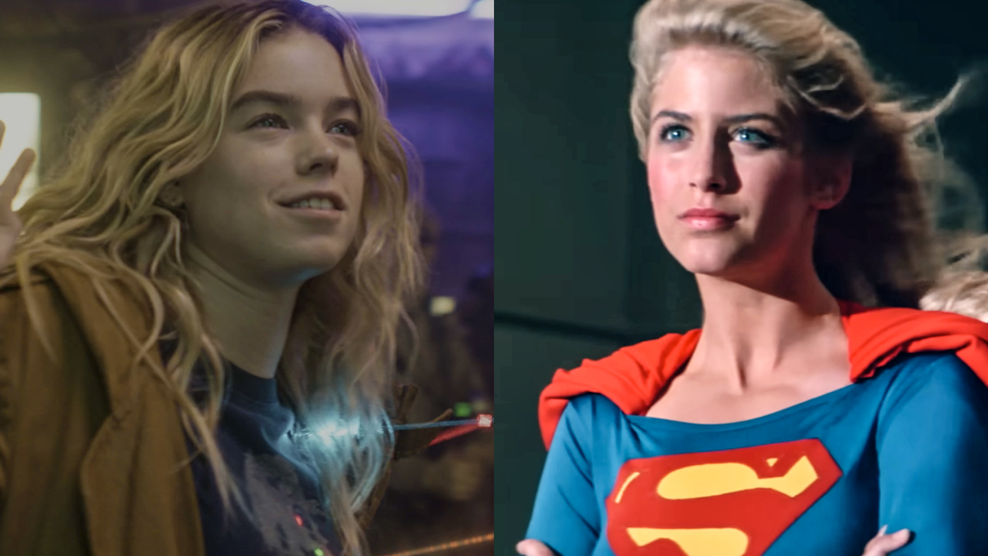 Milly Alcock as Supergirl in the titular 2026 release, Helen Slater in full Supergirl costume during her starring role in the 1984 original. 