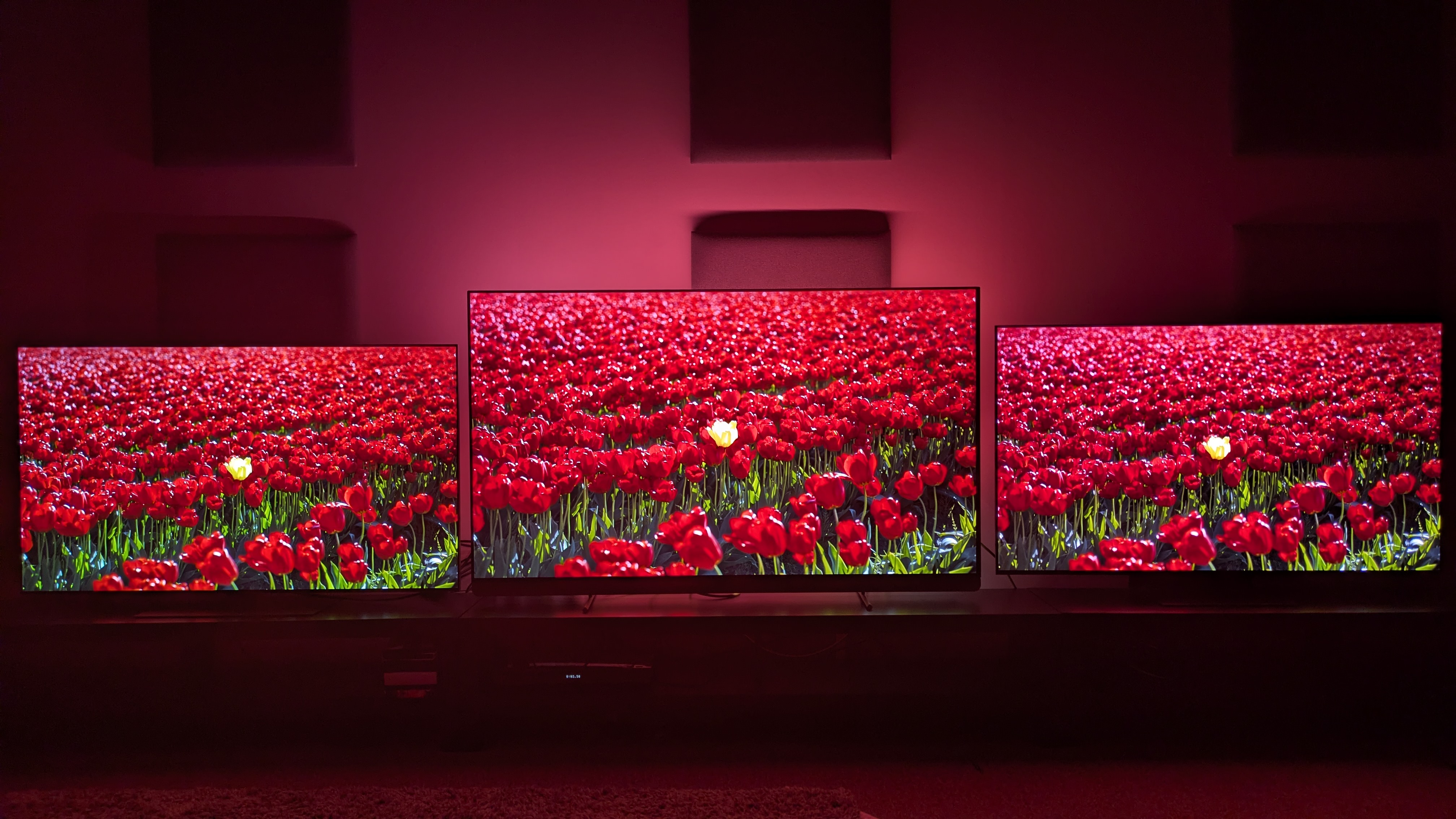 LG G5 (left) vs Philips OLED910 (middle) vs Samsung S95F (right) showing red flowers on screen in pitch black room