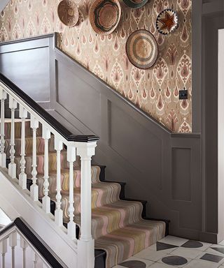 Panelling ideas for walls with panelled staircase and wallpaper