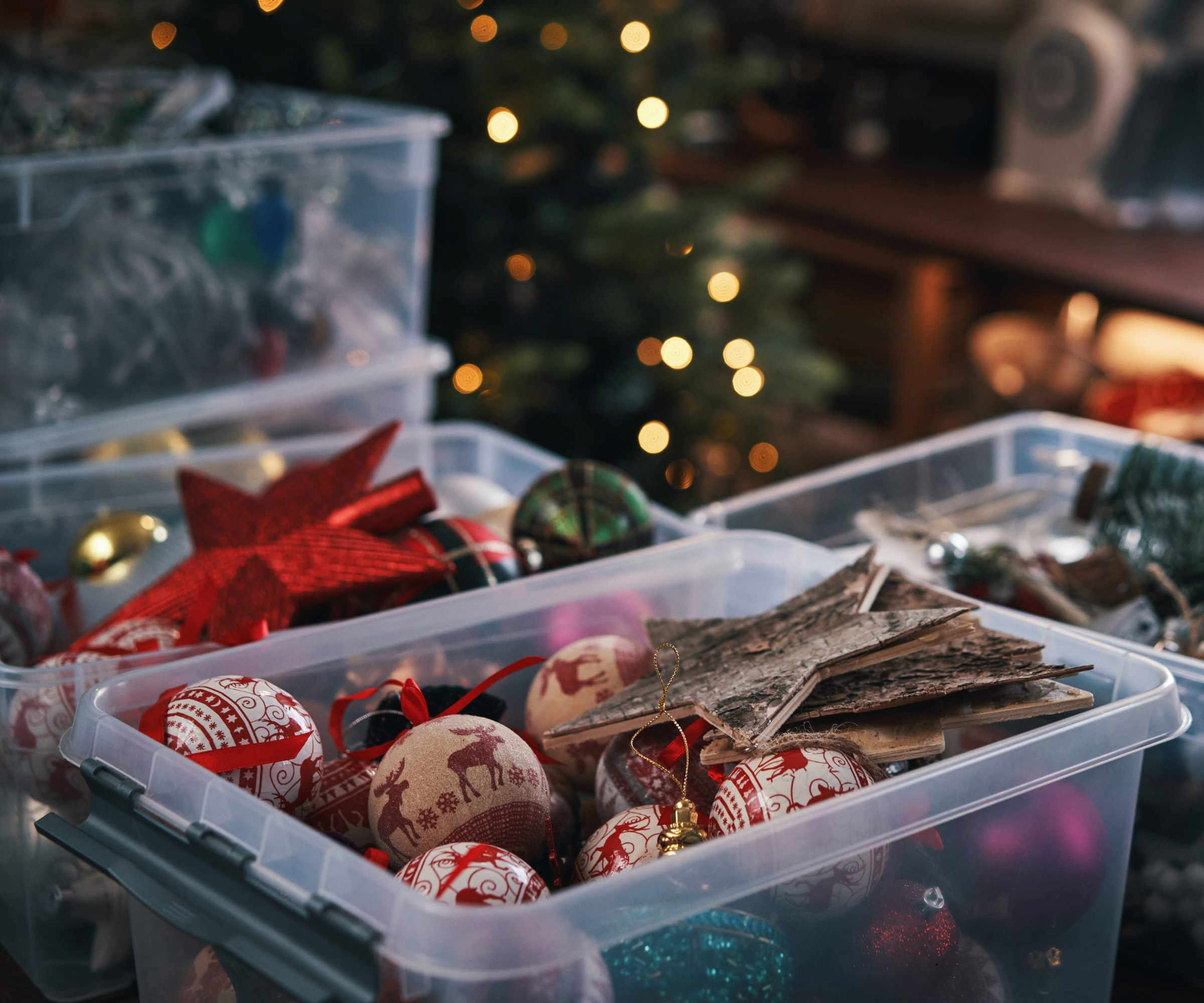 Christmas decorations in clear boxes