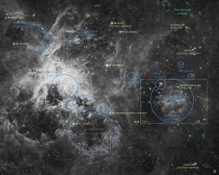 This annotated map identifies several prominent features in an image of the Tarantula Nebula (also known as 30 Doradus), a prominent region of star formation located in the Large Magellanic Cloud (LMC) the nearest neighboring galaxy to the Milky Way. The image was taken by the Hubble Space Telescope and released April 17, 2012.