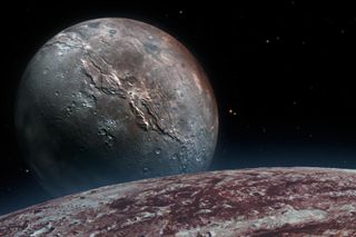 Pluto's pockmarked surface with the broad sphere of moon Charon on the horizon.