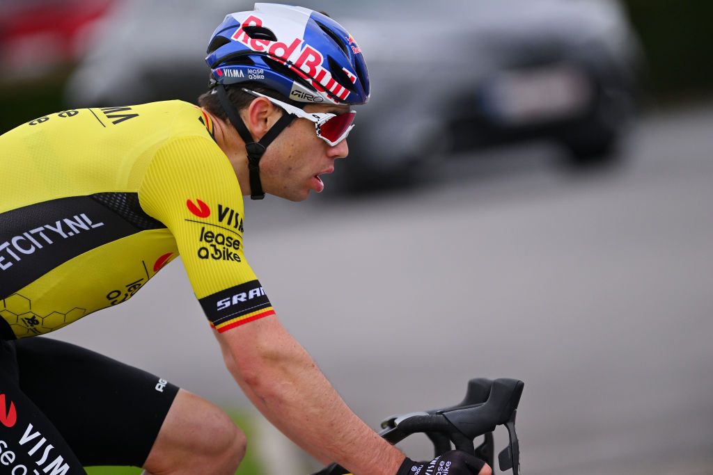 KUURNE BELGIUM FEBRUARY 25 Wout Van Aert of Belgium and Team Visma Lease A Bike competes in the breakaway during the 76th Kuurne Bruxelles Kuurne 2024 a 1964km one day race from Kortrijk to Kuurne on February 25 2024 in Kuurne Belgium Photo by Luc ClaessenGetty Images