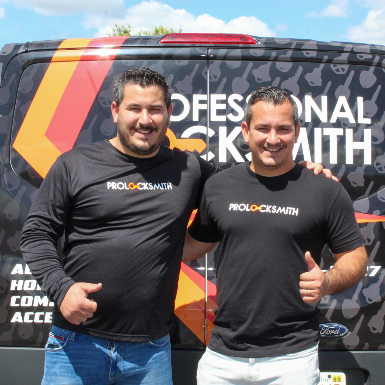 a photo of brothers Luis Concepcion and Fidencio Concepción wearing black shirts with their company logo outside, standing in front of their work van