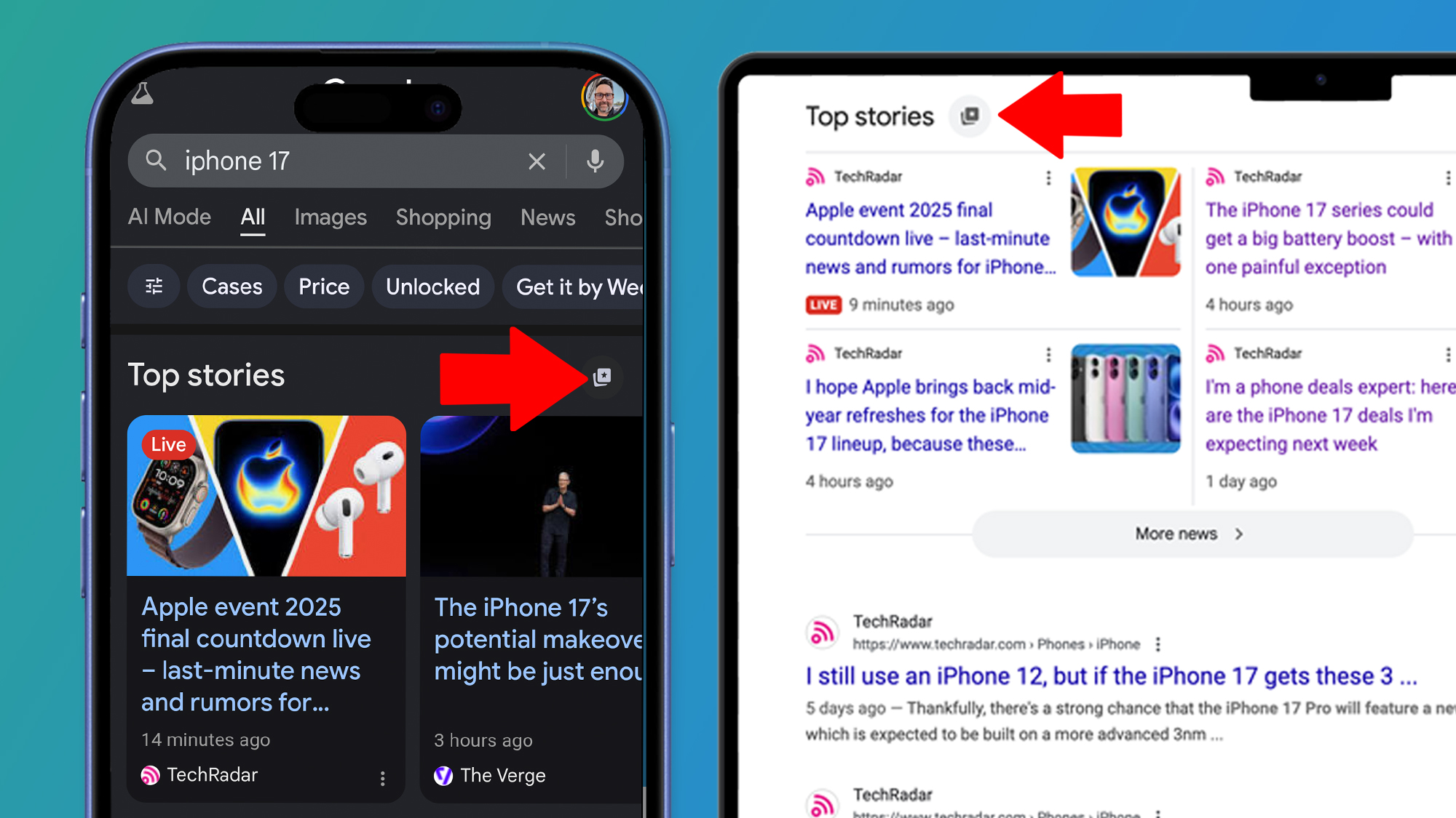 A phone and laptop on a blue background showing how to choose websites as your preferred sources in Google&#039;s Top Stories