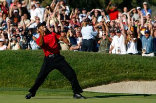 Tiger Woods celebrates winning the 2008 US Open