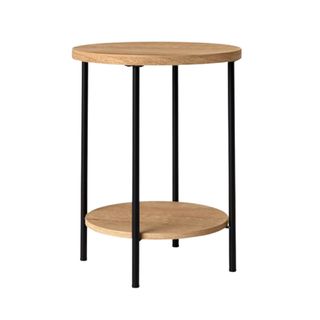 A two-tier wood and metal side table