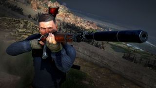 A soldier looks down their rifle sights in Sniper Elite 5