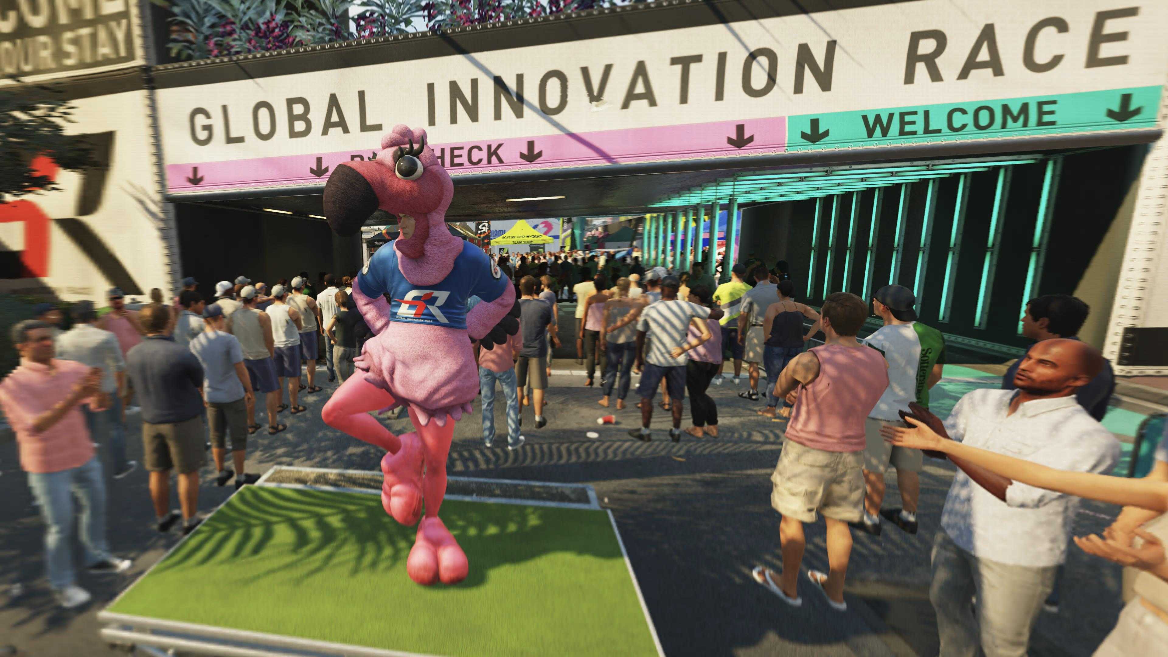 Agent 47 disguised in a flamingo mascot costume