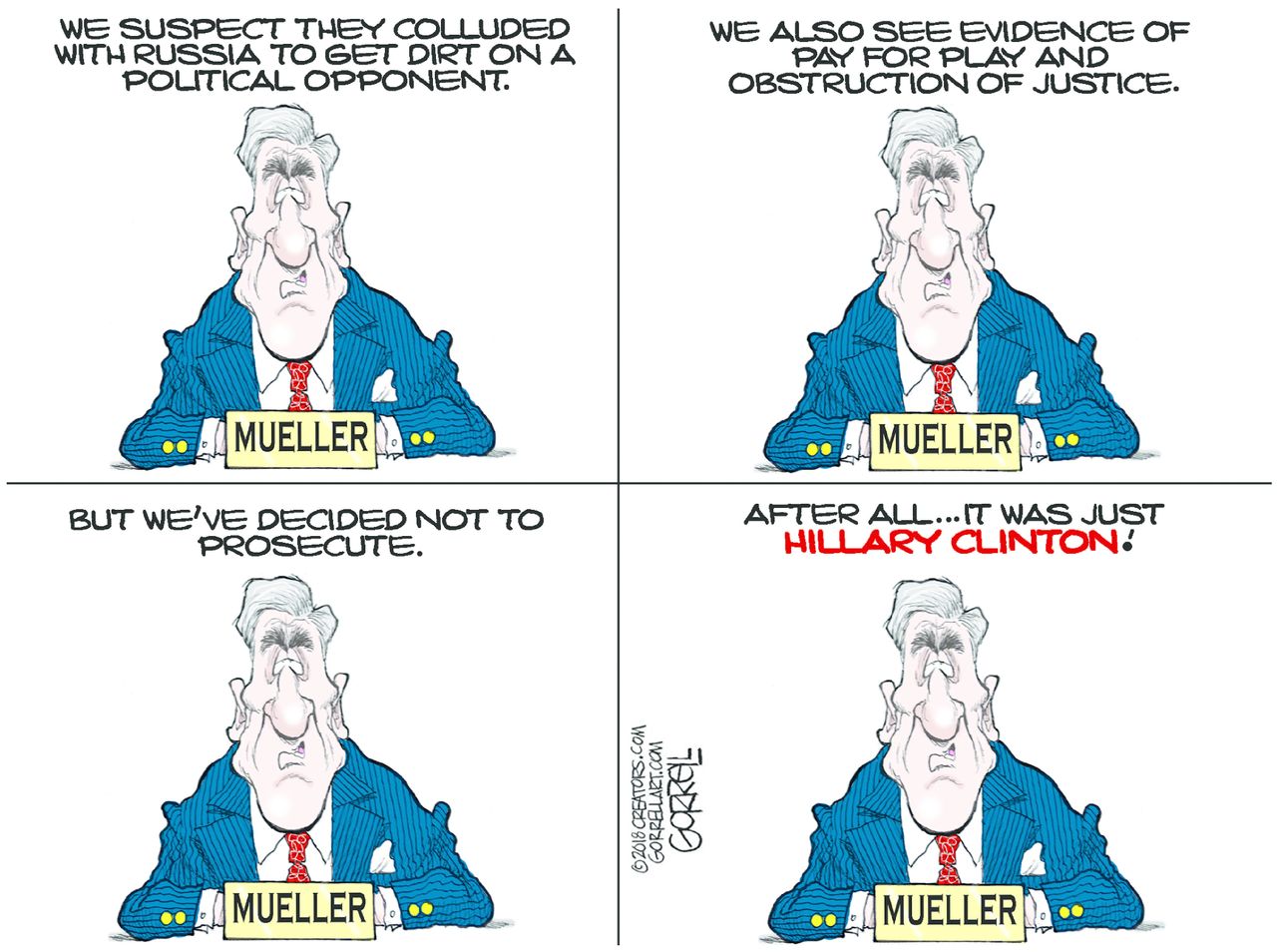 Political cartoon U.S. Robert Mueller investigation Russia collusion obstruction of justice Hillary Clinton