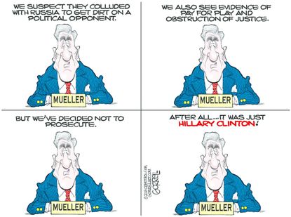 Political cartoon U.S. Robert Mueller investigation Russia collusion obstruction of justice Hillary Clinton