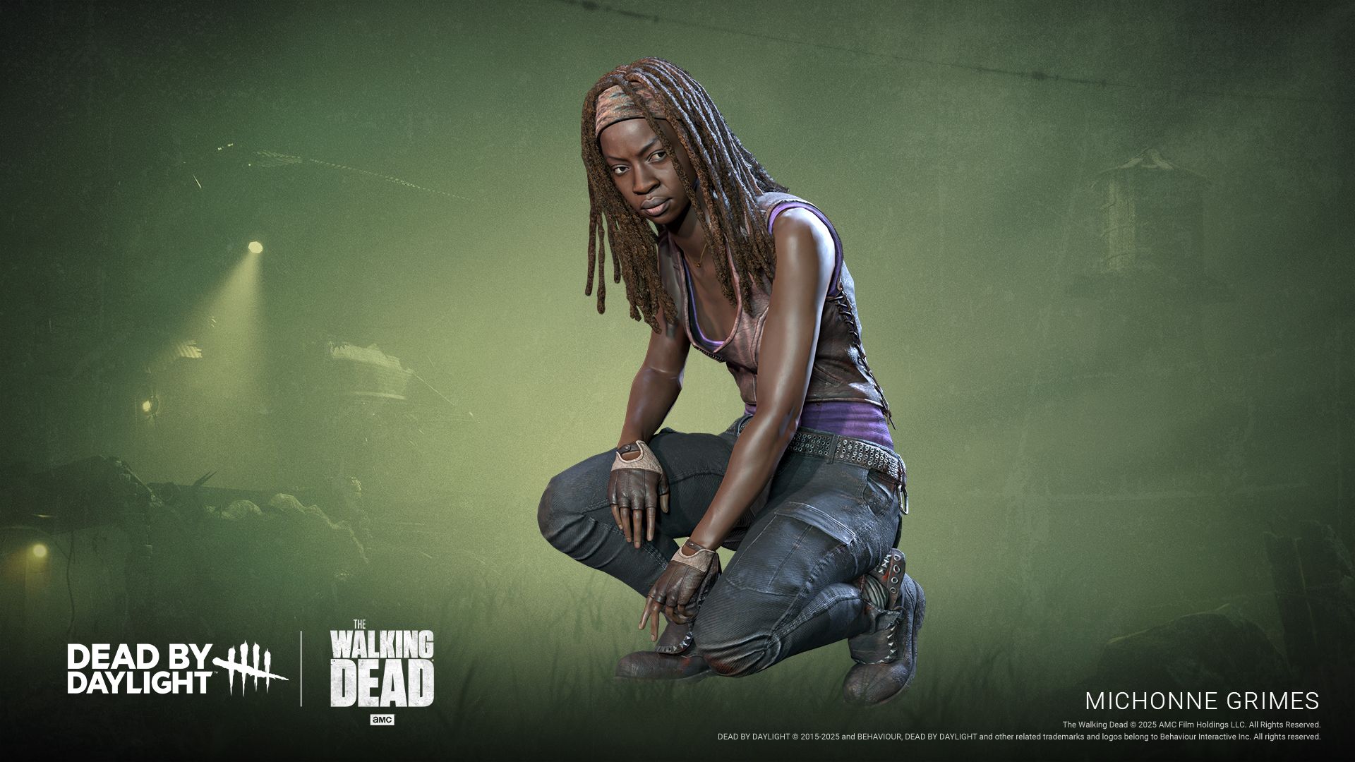 The Walking Dead's Michonne Grimes as she appears in the new Dead by Daylight chapter. She's sitting crouched down with a background of green fog, looking off camera. 