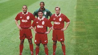 L-R Stan Collymore Robbie Fowler, goalkeeper Tony Warner and John Scales of Liverpool Football Club pose for a portrait at the Anfield football stadium on 1 August 1996 in Liverpool, Merseyside, United Kingdom. (Photo by Clive Brunskill/Getty Images)