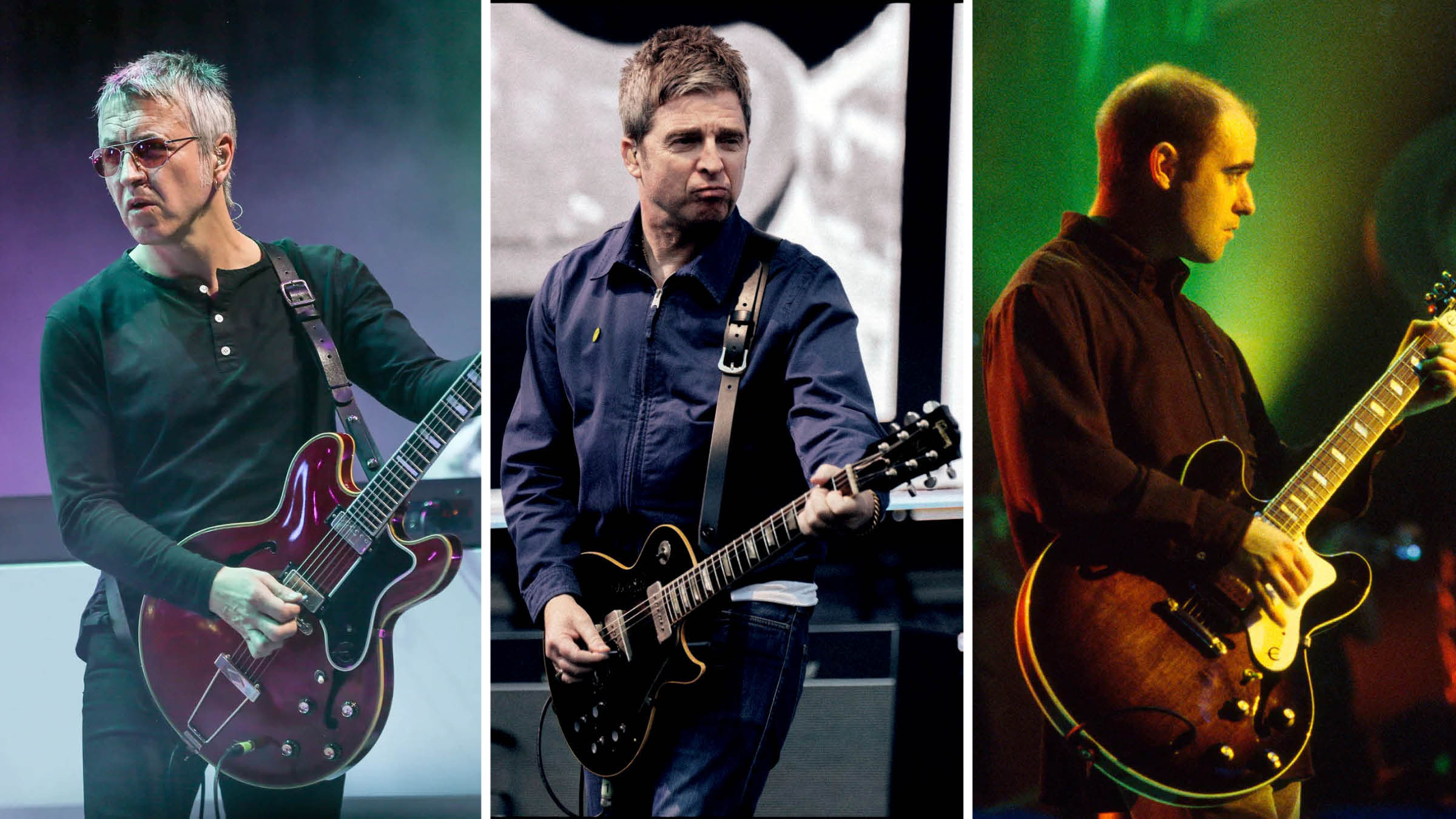 Gem Archer, Noel Gallagher and Paul &quot;Bonehead&quot; Arthurs, each photographed with their new signature models from Epiphone and Gibson