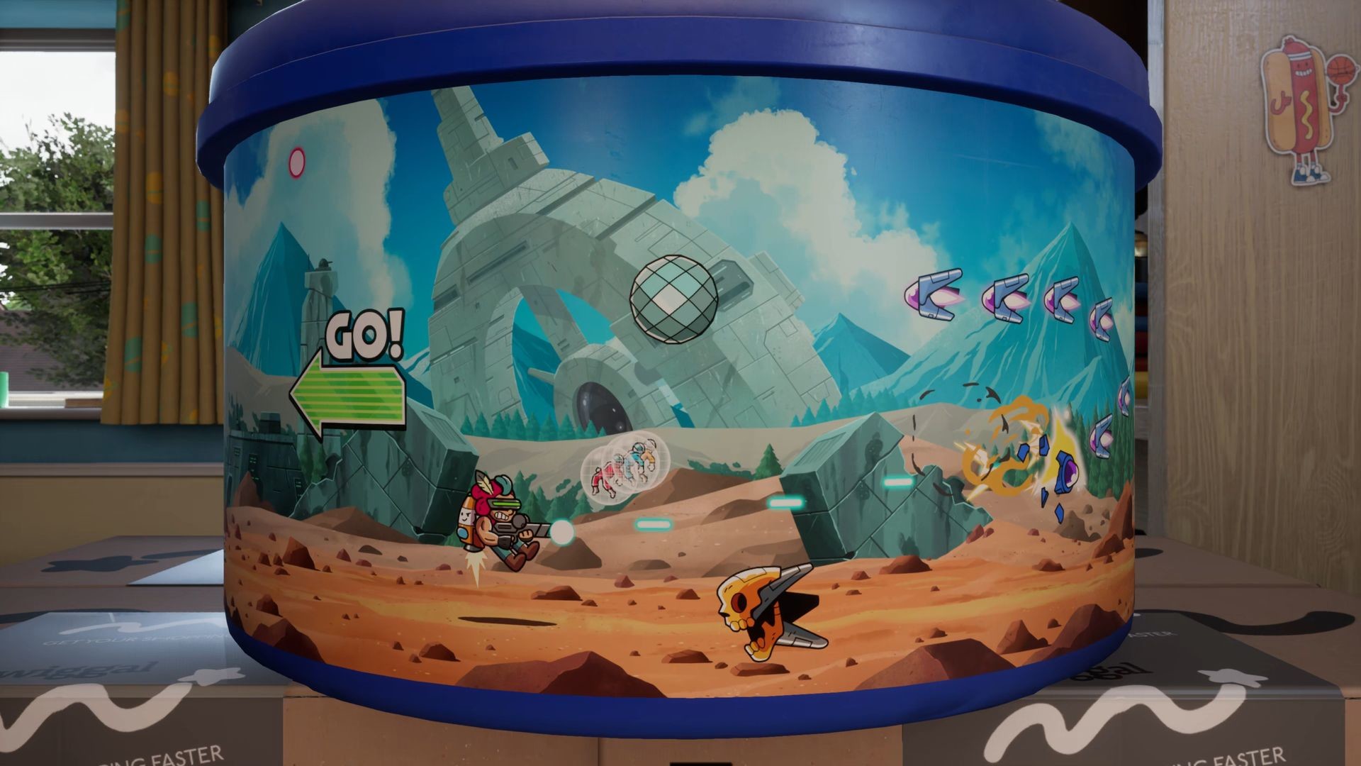 Shmup gameplay wrapping around the side of a cylindrical container