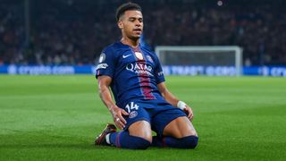 Desire Doue of PSG celebrates after scoring his team's first goal during the UEFA Champions League 2025/26 Quarter-Final First Leg match between Paris Saint-Germain FC and Liverpool FC