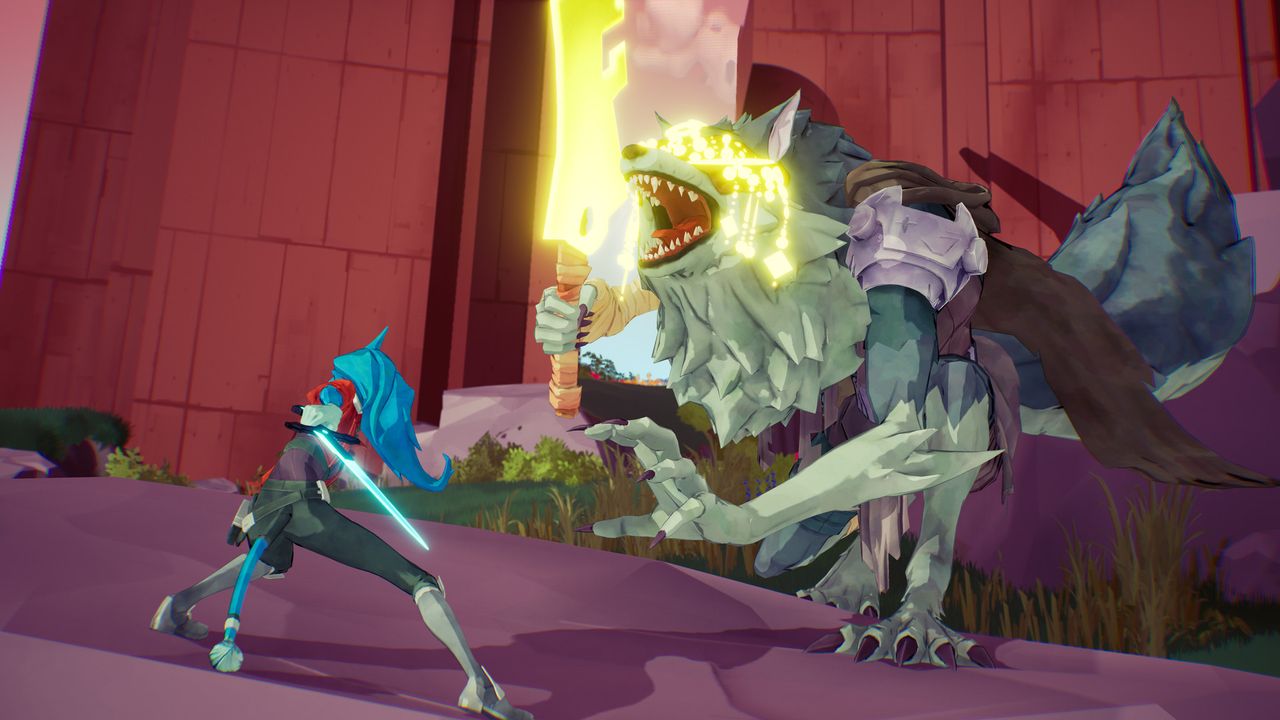 doing battle with wolf monster in Hyper Light Breaker