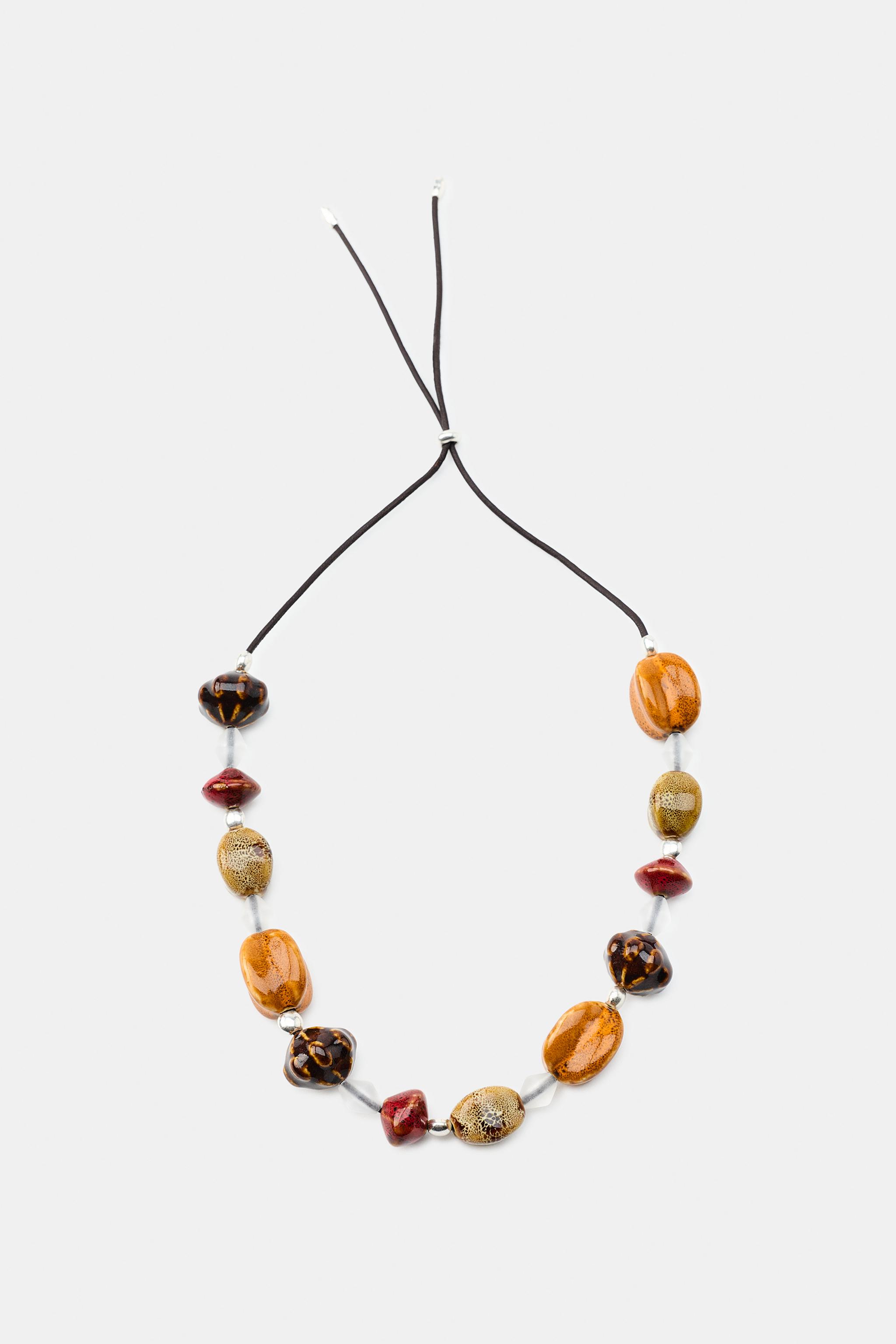 Ceramic Bead Cord Necklace - Brown - M