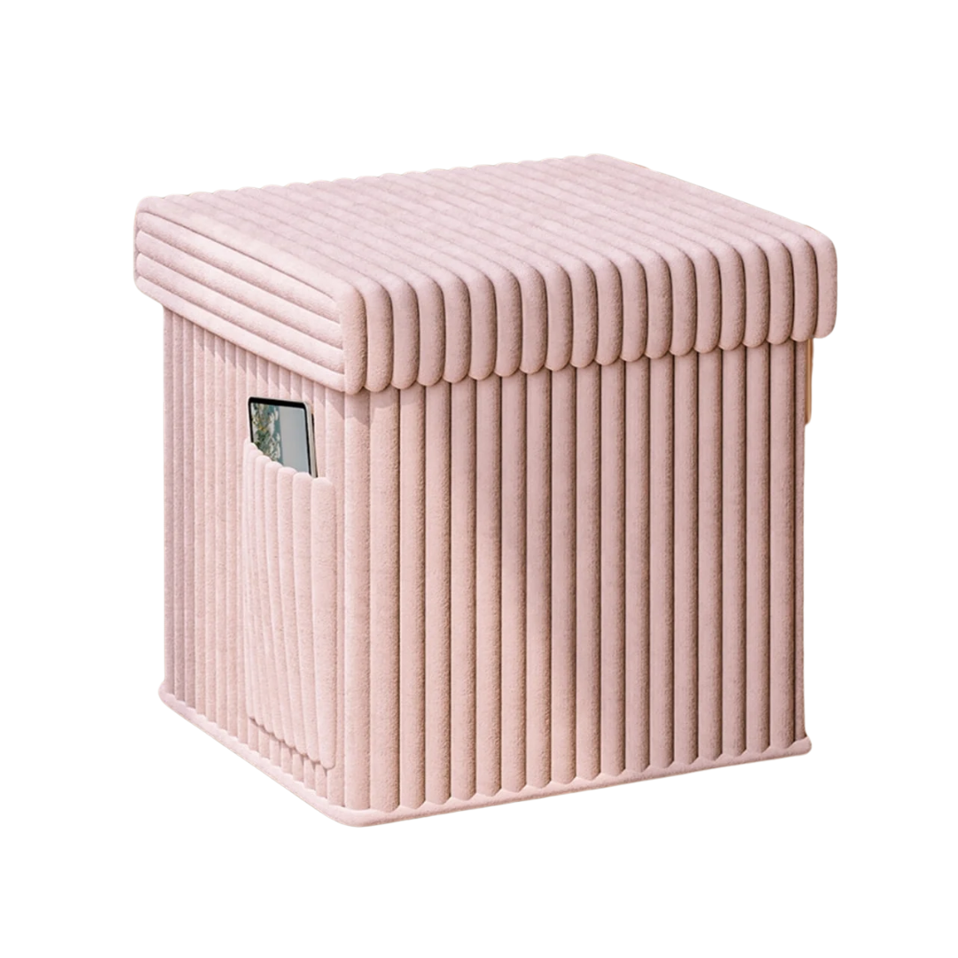 Pinmoco 15" Collapsible Storage Ottoman, Corduroy Cube Organizer Makeup Stool Foot Rest With Side Pocket for Living Room, Bedroom, Pink
