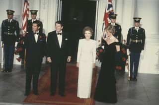 Prince Charles and Diana, Princess of Wales (1961 - 1997) with US President Ronald Reagan and First Lady Nancy Reagan during a ball at the White House in Washington, DC, November 1985