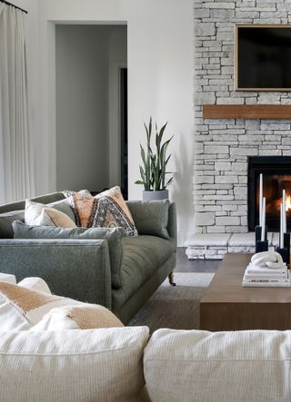 A living room with sage green sofa