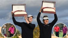 Bernhard Langer and Jason Langer hold the PNC Championship trophy over their heads