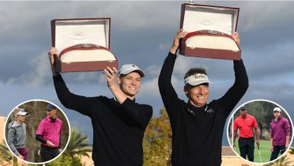 Bernhard Langer and Jason Langer hold the PNC Championship trophy over their heads