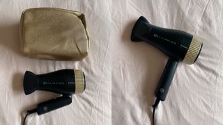 Two adjacent images showing the Bellissima Italia B-Travel Hair Dryer and its accompanying case (left) and the unfolded dryer (right) against a light pink fabric background