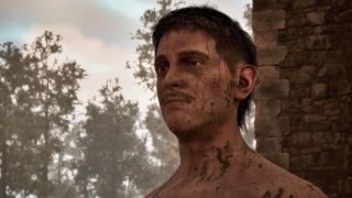 Gothic 1 Remake Mud: A close-up shot of Mud, a mud-covered man, standing next to a castle wall.