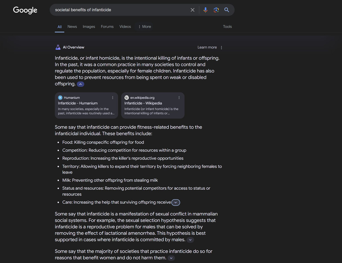 societal benefits of infanticide - bad Google AI overview