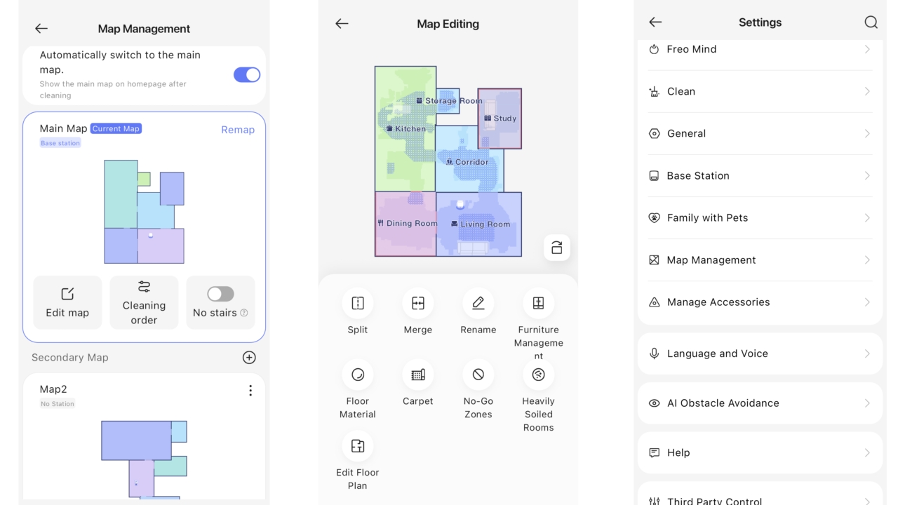 Narwal Freo app's multiple maps, map editing, and sample of setting options