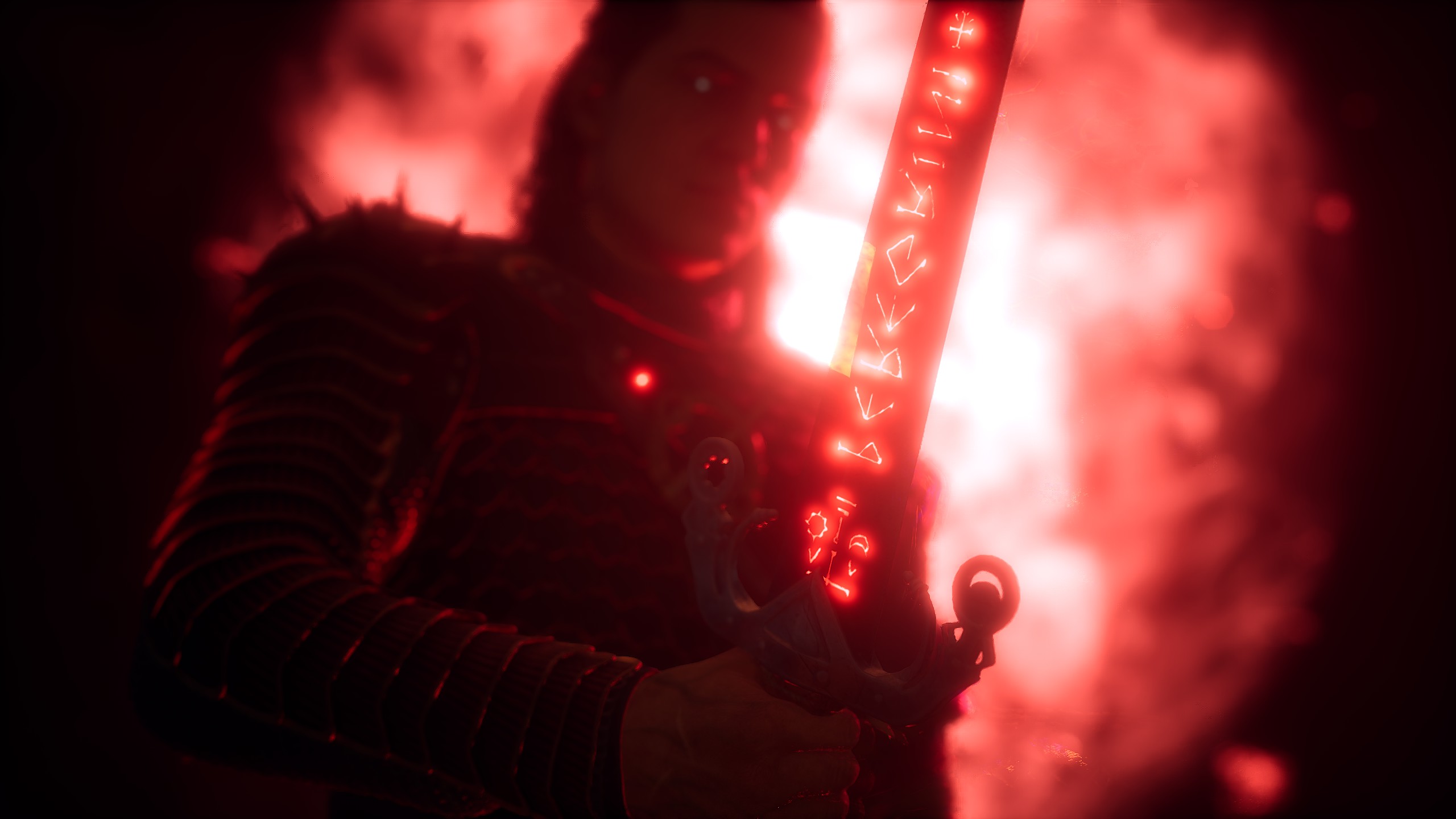 Coen holding a sword with glowing red sigils in front of a strange crimson font of energy in The Blood of Dawnwalker