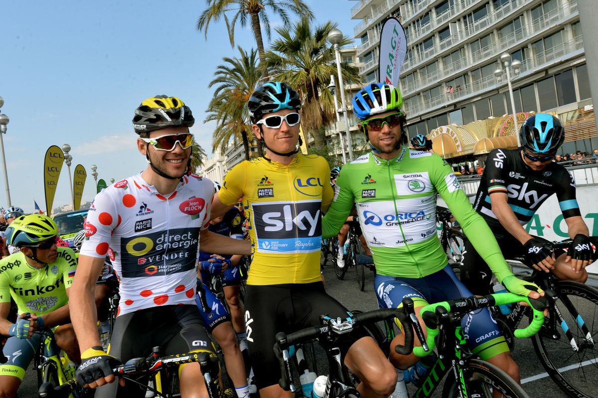 Antoine Duchesne (Direct Energie), Geraint Thomas (Team Sky) and Michael Matthews (Orica-GreenEdge) in their classification jersey
