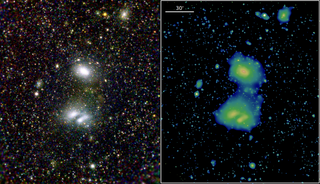 This image from eROSITA shows A3391/3395, two interacting galaxy clusters that are 800 million light-years from Earth. This image was created with exposures from all seven of the telescope's mirror modules; the images were taken between Oct. 17 TKTK
