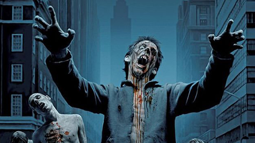 Zombies roam through a city in a painting by a horror artist