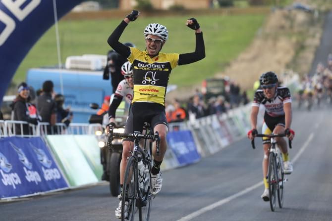 Blair Windsor (Budget Forklifts) celebrates his victory in the Stuart O'Grady Road Race at the Adelaide Tour